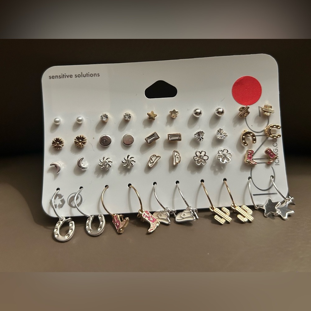 Cowboy themed mixed designs 20 piece earring set! 🤠👢💕🌵🐴🌸